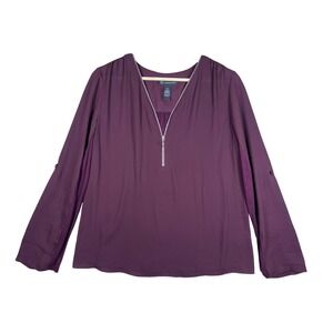 International Concepts Women M V-Neck Zipper Front Roll‎ Tab Sleeve Top Burgundy